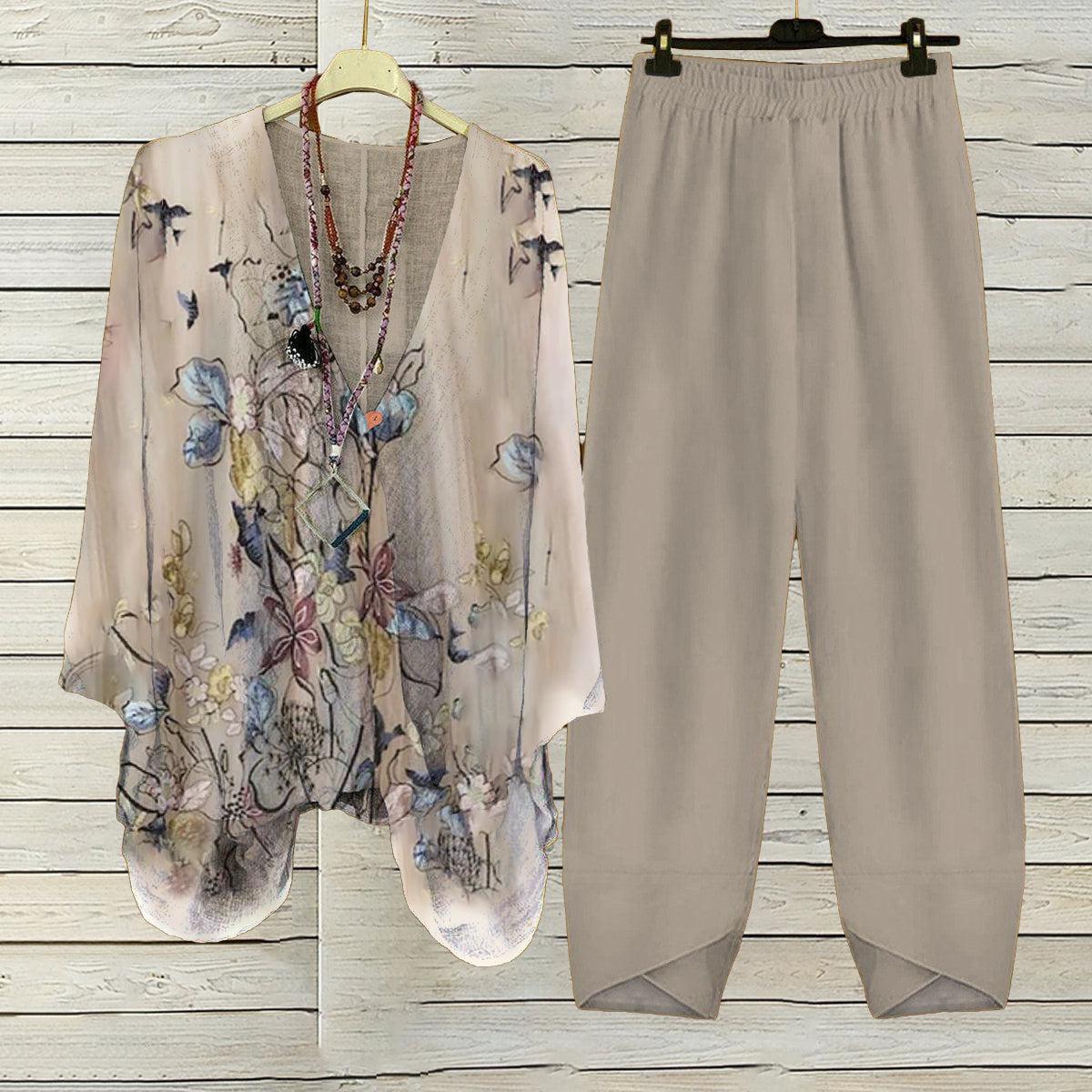 Apricot Plant Print V-Neck Two Piece Set - Frühlingshafter Komfort & Stil