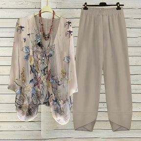 Apricot Plant Print V-Neck Two Piece Set - Frühlingshafter Komfort & Stil