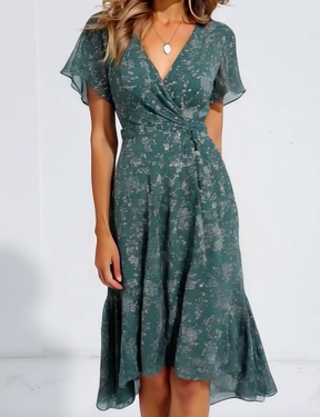 Unique Green V-Neck Midi-Kleid - Frühlingshafter Stil & Komfort