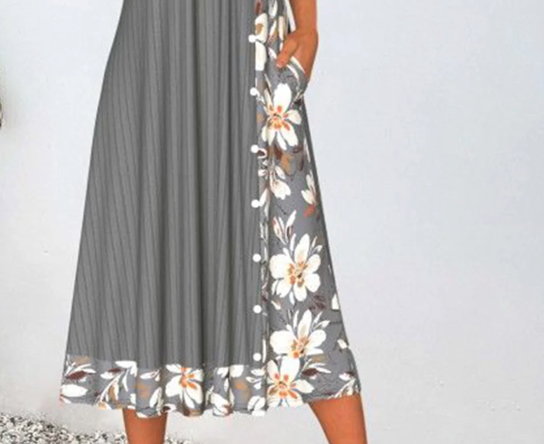 Elegantes Graues Midi-Kleid mit Karree-Ausschnitt - Frühlings-Ready & Komfortabel