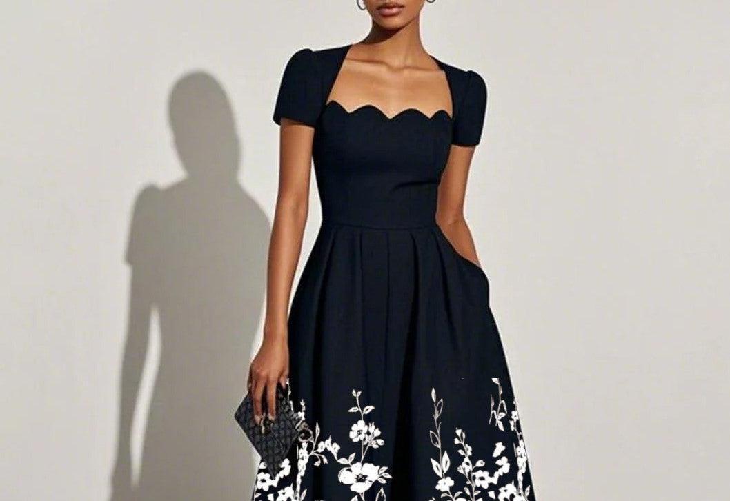 Elegantes Blumenkleid in Schwarz-Weiß für besondere Anlässe